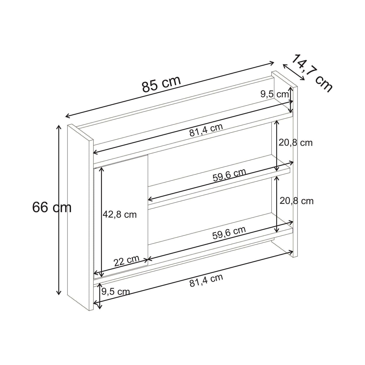 Wall shelf cabinet dimensions diagram with 85 cm width and 66 cm height