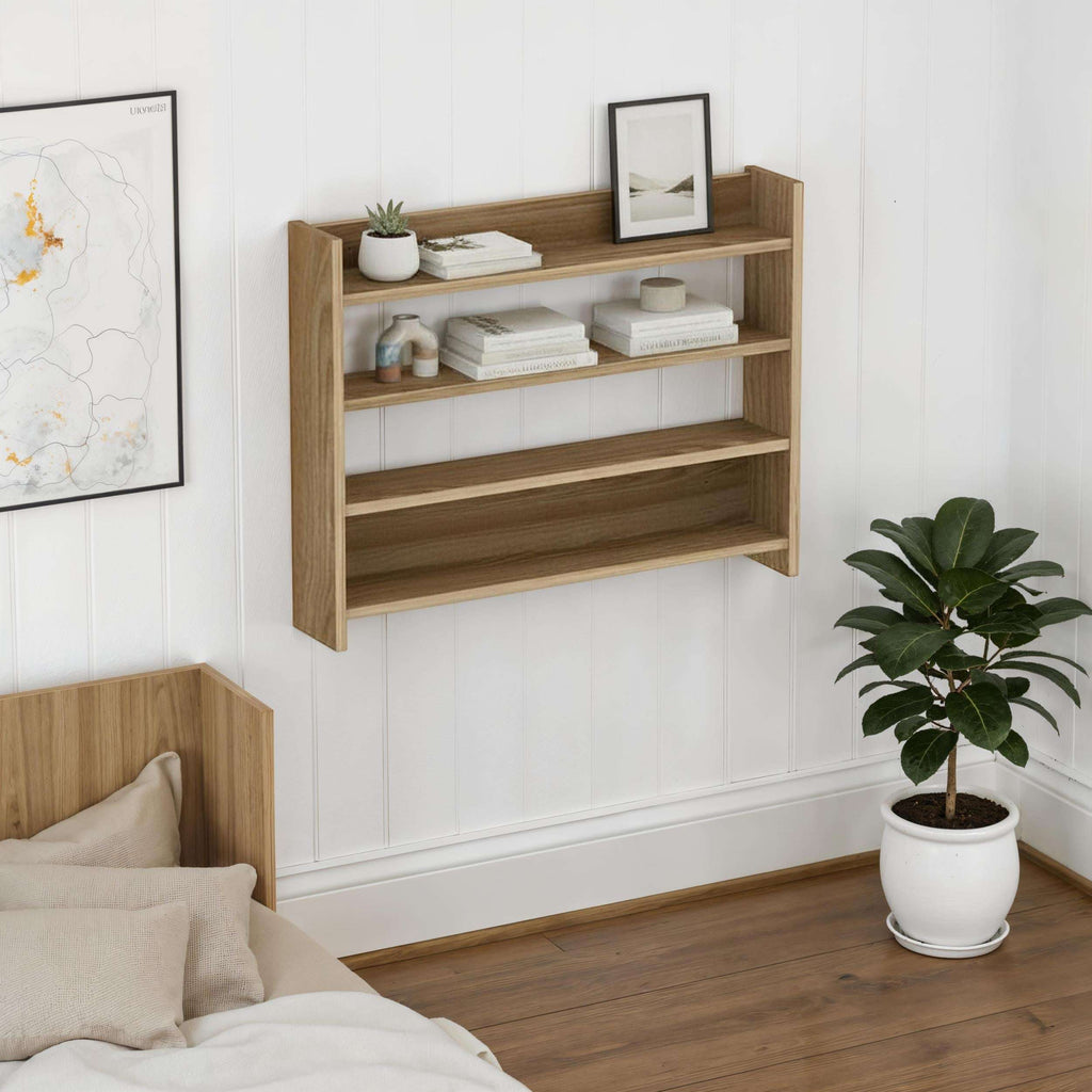 Dark wood 4-tier wall shelf mounted on wall with books, plant, and framed photo