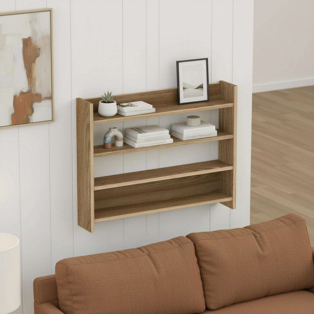Dark wood 4-tier wall shelf with open cubbies for books, decor, and storage