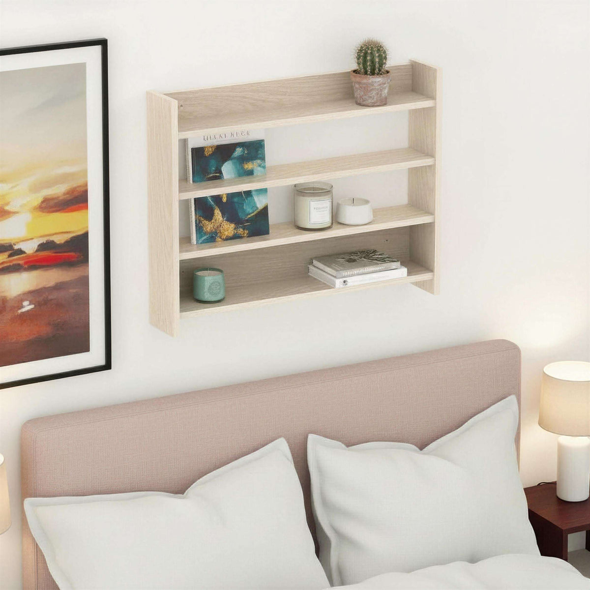 Light wood 4-tier wall shelf with open shelves for books, jars, and small decor
