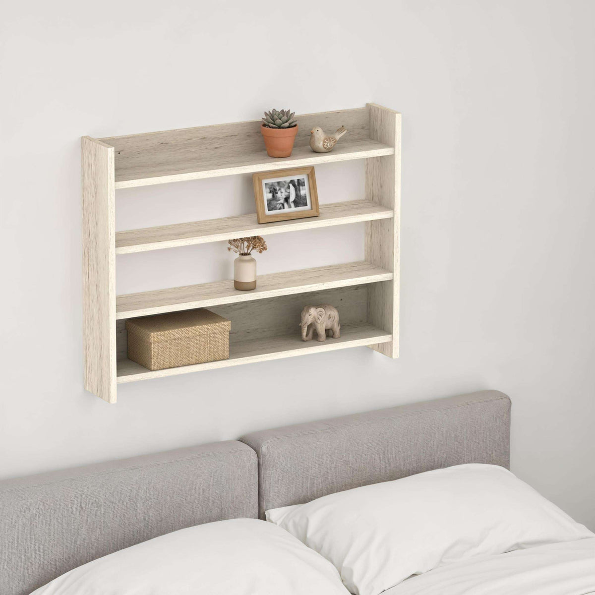 Four-tier wall shelf in travertine-style finish with open shelves