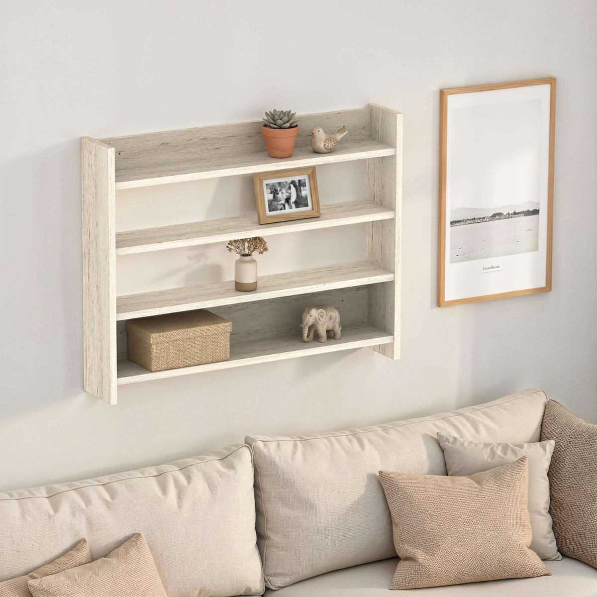 Light wood 4-tier wall shelf with three open levels for photos, books, and decor