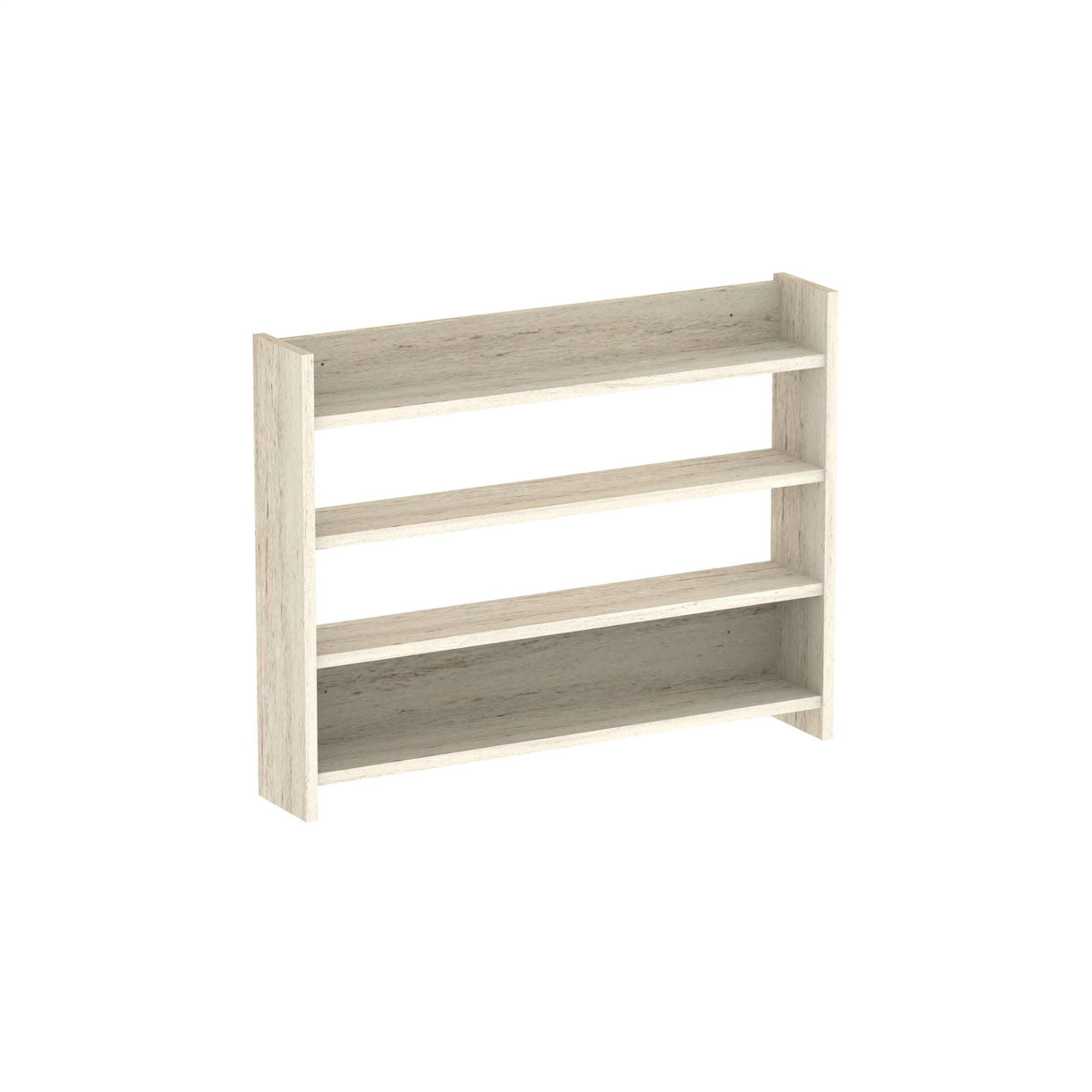 Four-tier wall shelf in light wood with open cubby shelves and side panels