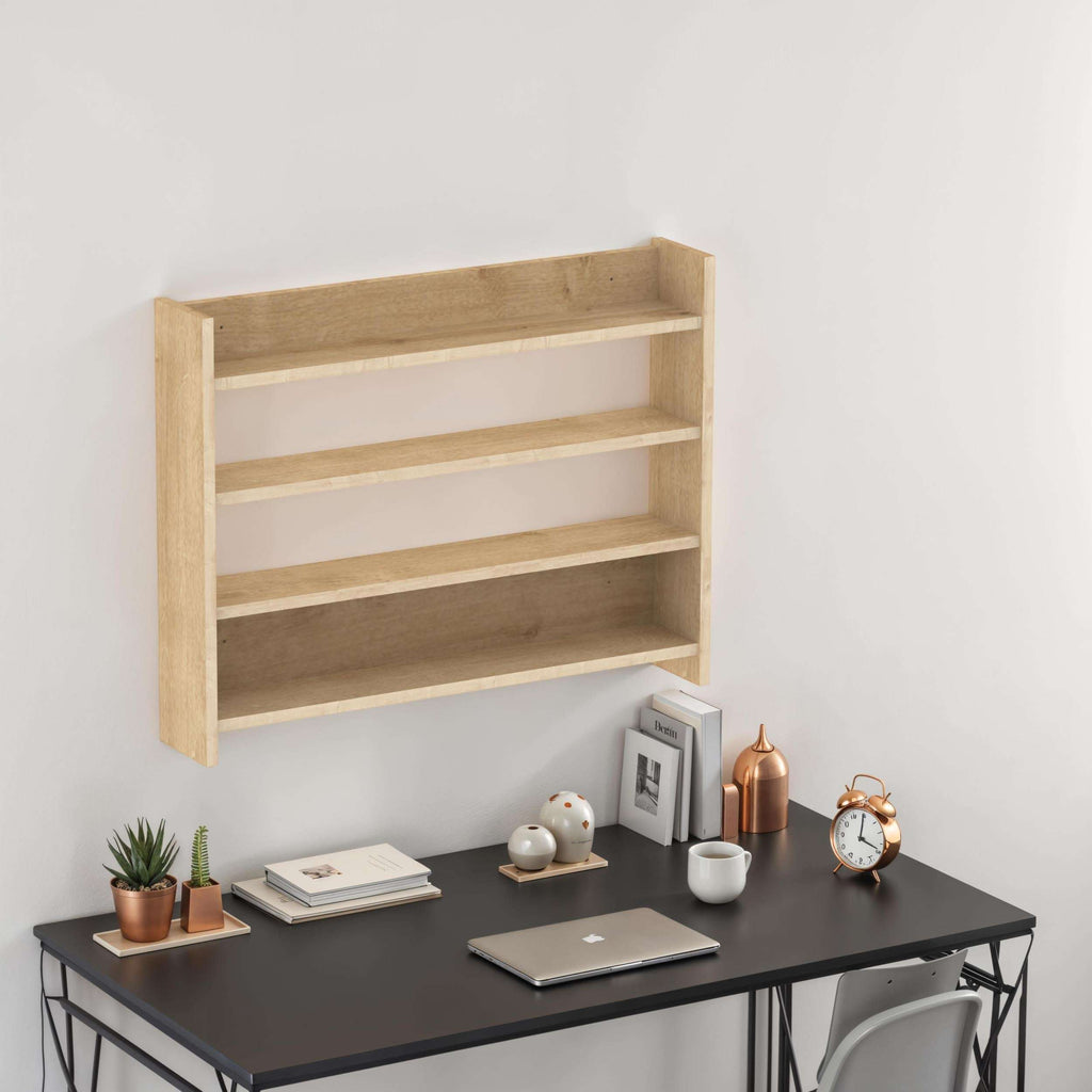 Four-tier wall shelf in medium-light oak tone with open shelves and side panels