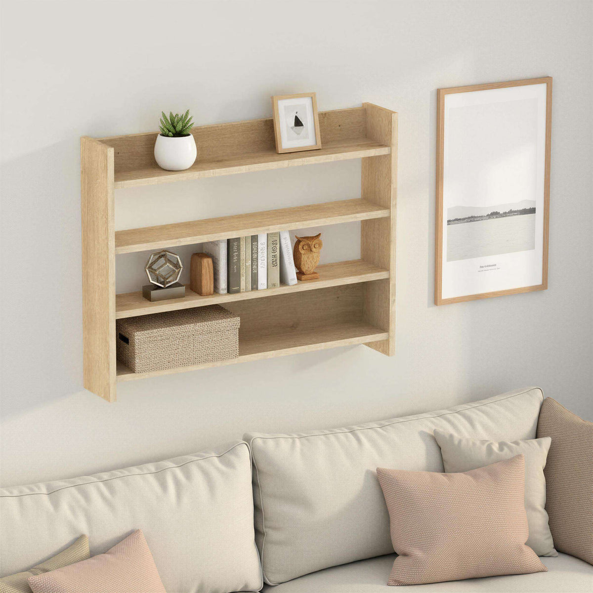 Light wood 4-tier wall shelf with open shelves for plants, books, and framed pictures