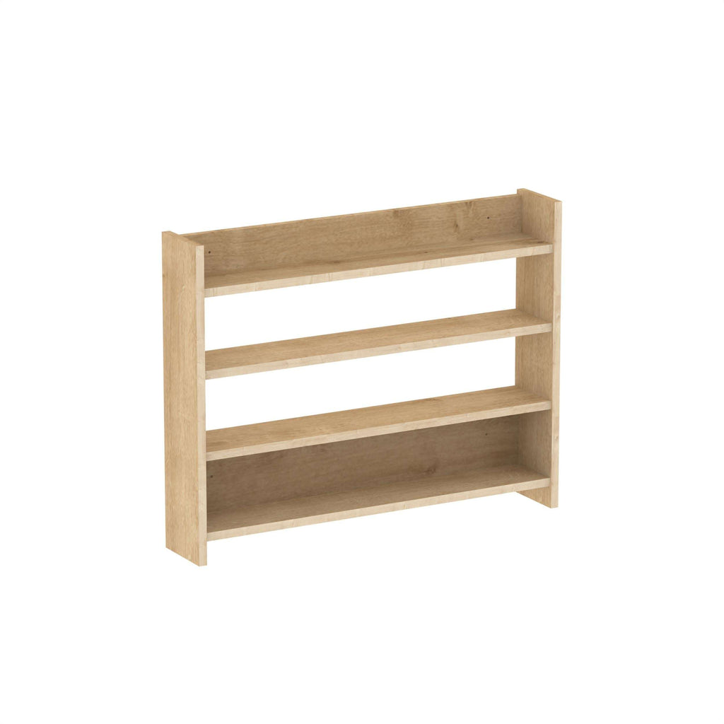 Four-tier wall shelf in dark wood with open cubby shelves and side panels