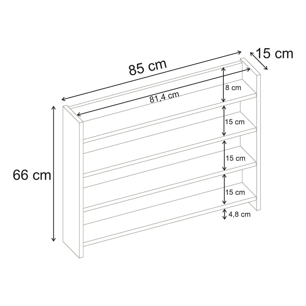 4-tier wall shelf dimensions diagram showing 85 cm width and 66 cm height