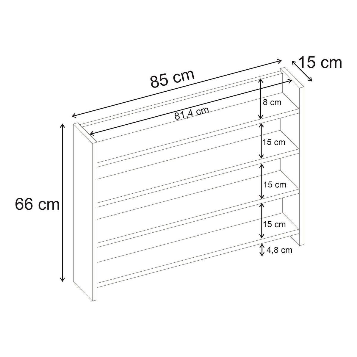 4-tier wall shelf dimensions diagram showing 85 cm width and 66 cm height