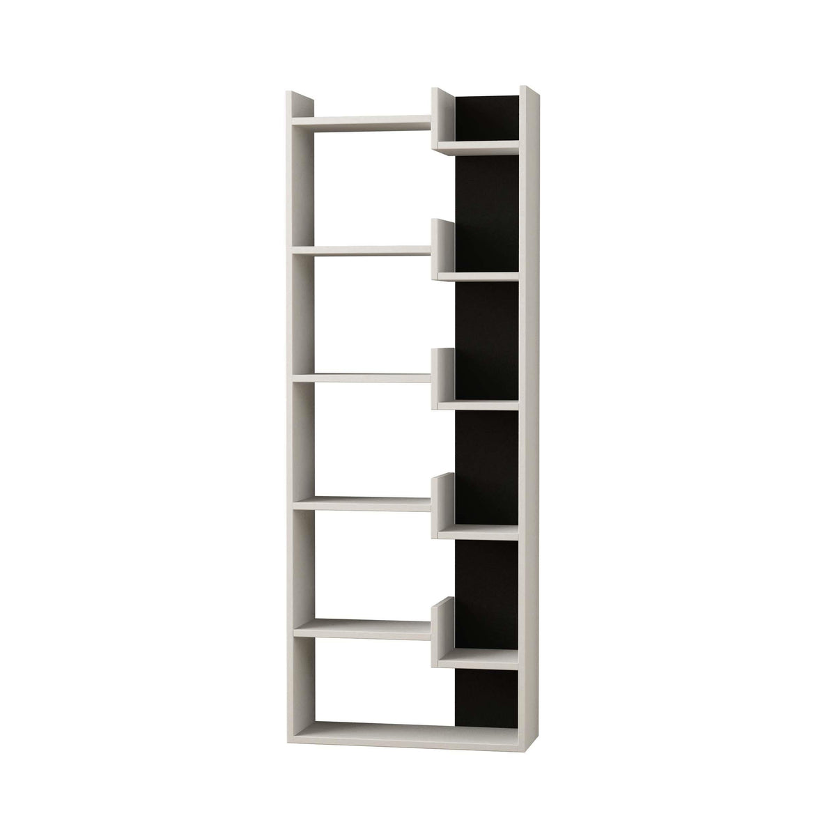 Tall bookcase display unit with open cubbies, white frame and dark interior shelves