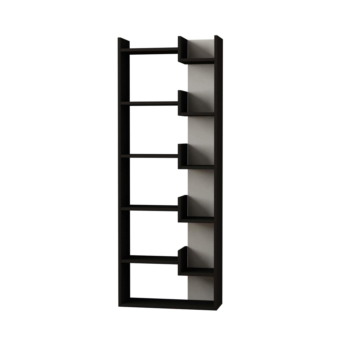 Anthracite tall bookcase display unit front view with open cube shelves