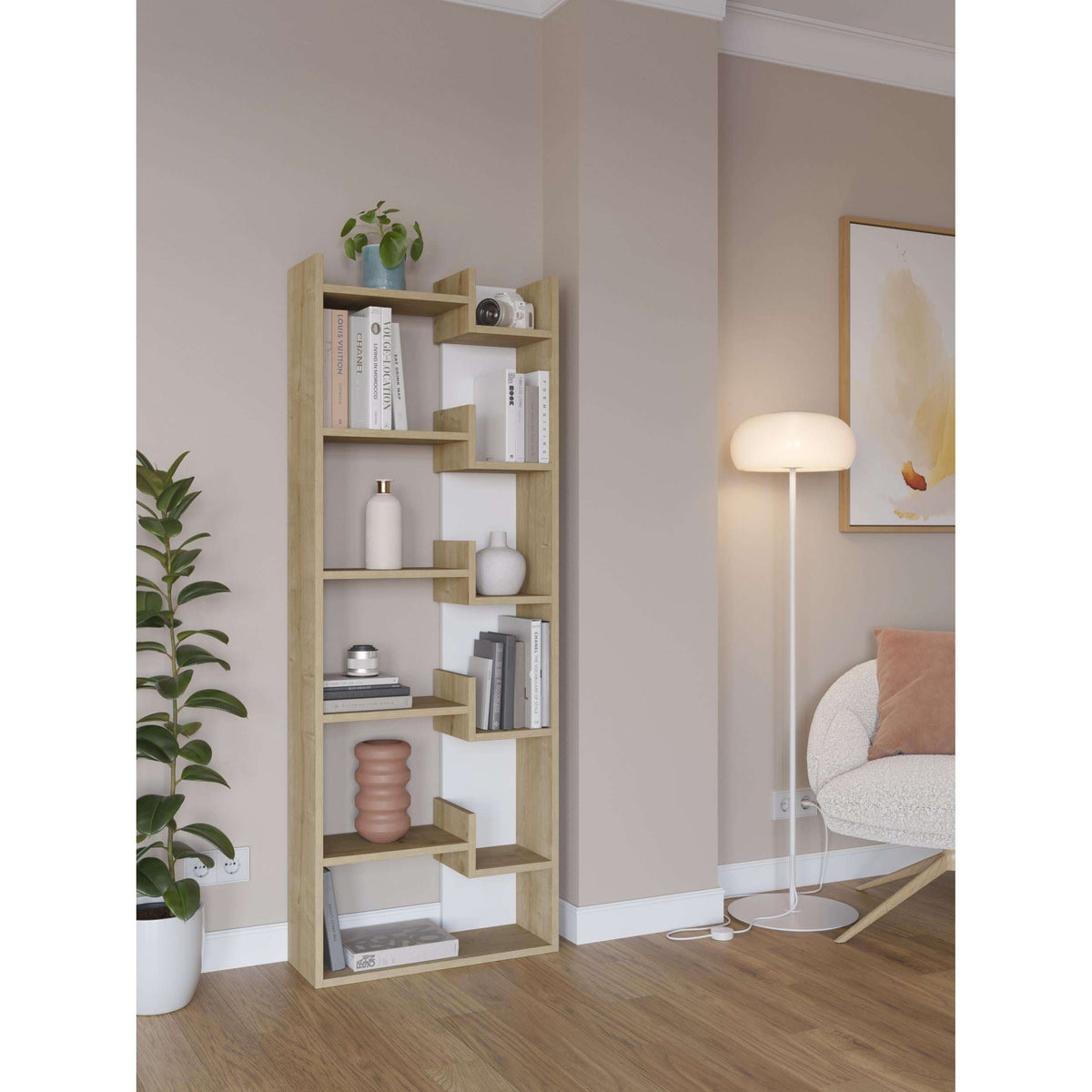 Tall modern bookcase display unit with open cubby shelves and light wood frame