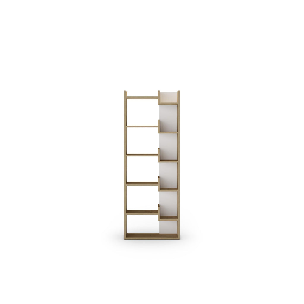 Tall bookcase display unit with open shelves and alternating light side panels