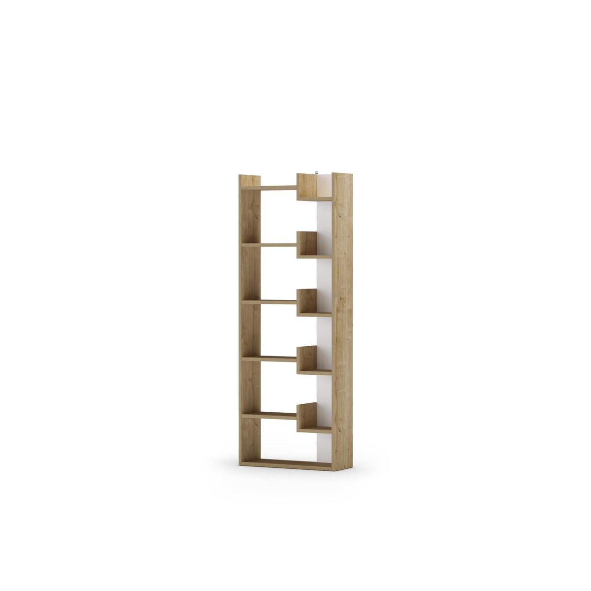 Tall modern bookcase display unit with open cubby shelves in oak finish
