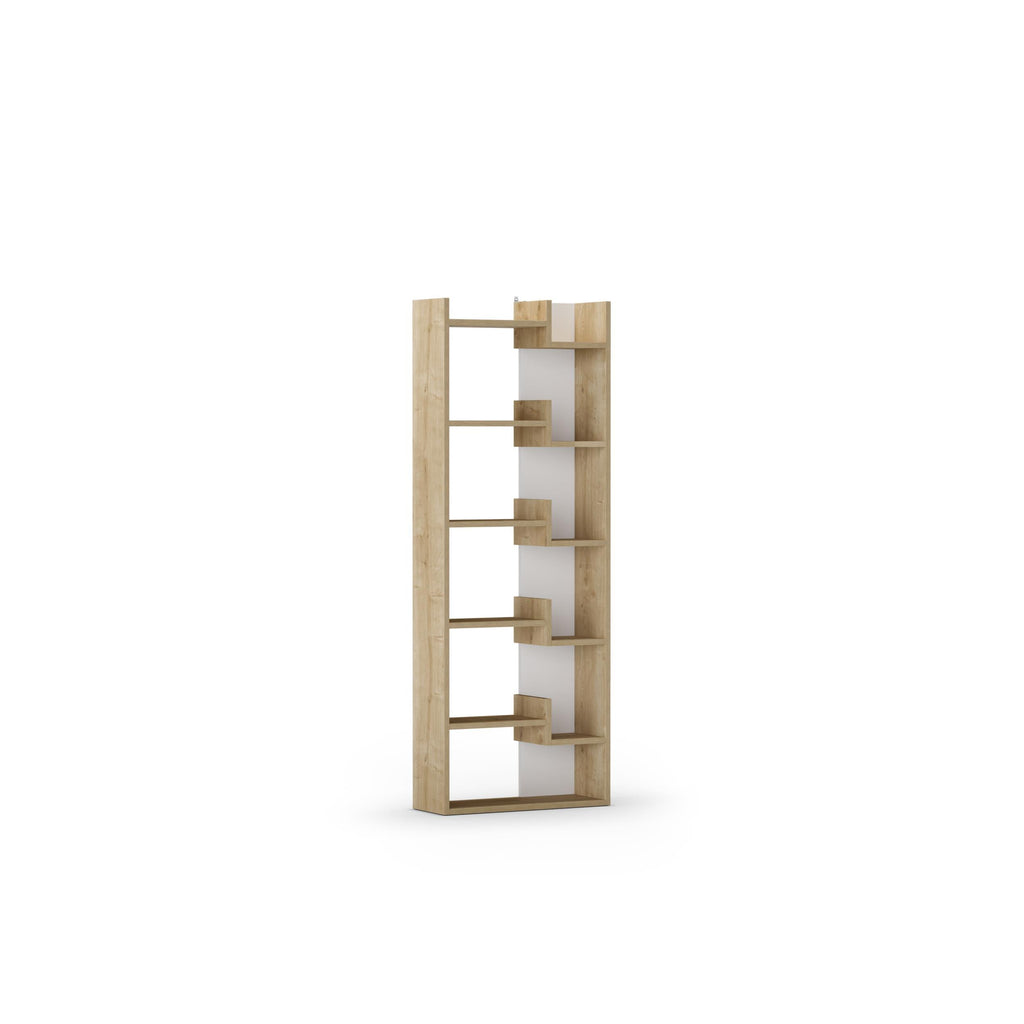 Tall modern bookcase display unit, oak finish with open shelves and cubbies
