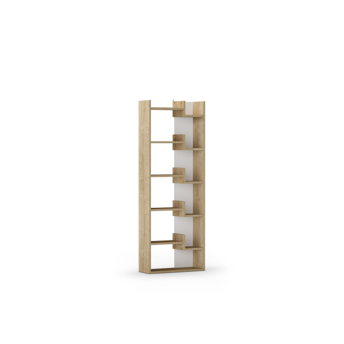 Tall modern bookcase display unit, oak finish with open shelves and cubbies