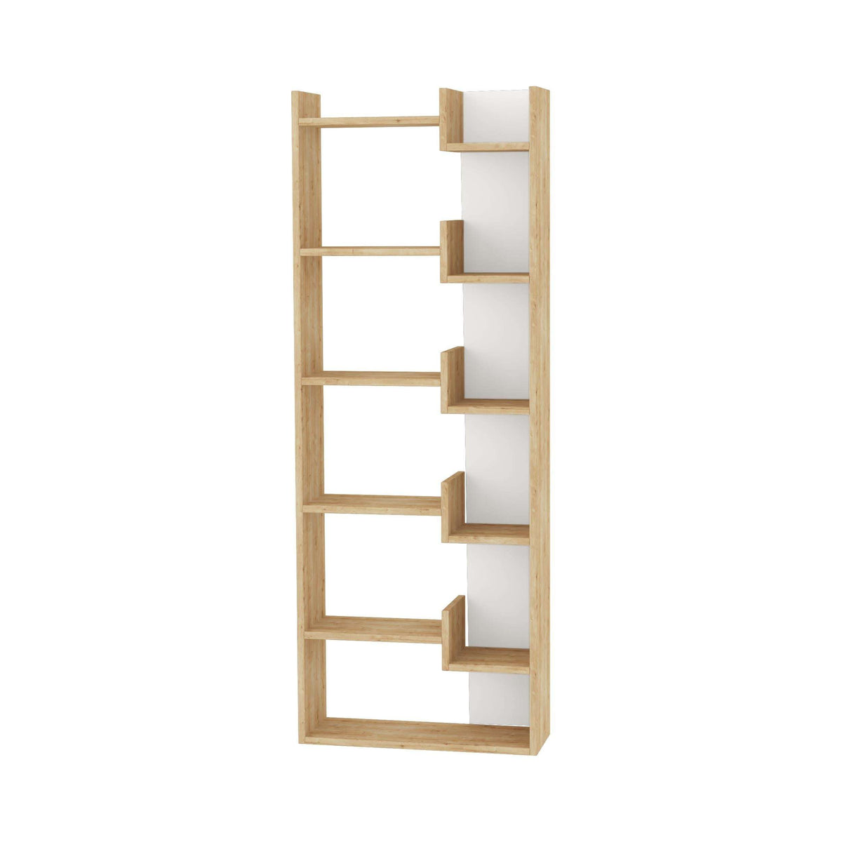 Oak tall bookcase display unit front view with open cube shelves