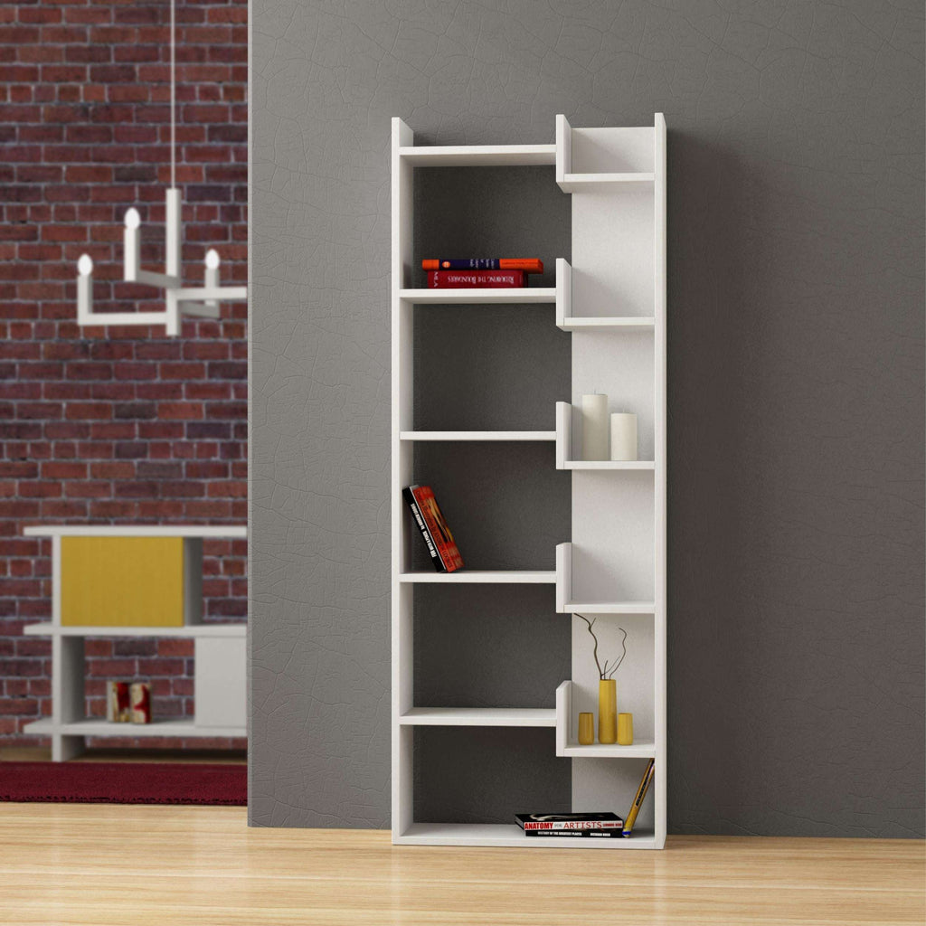 White tall bookcase with open cubbies, dark back panels, and shelf storage layout