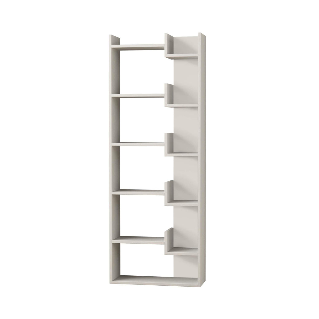 Tall white bookcase display unit with open cubbies and staggered shelf openings