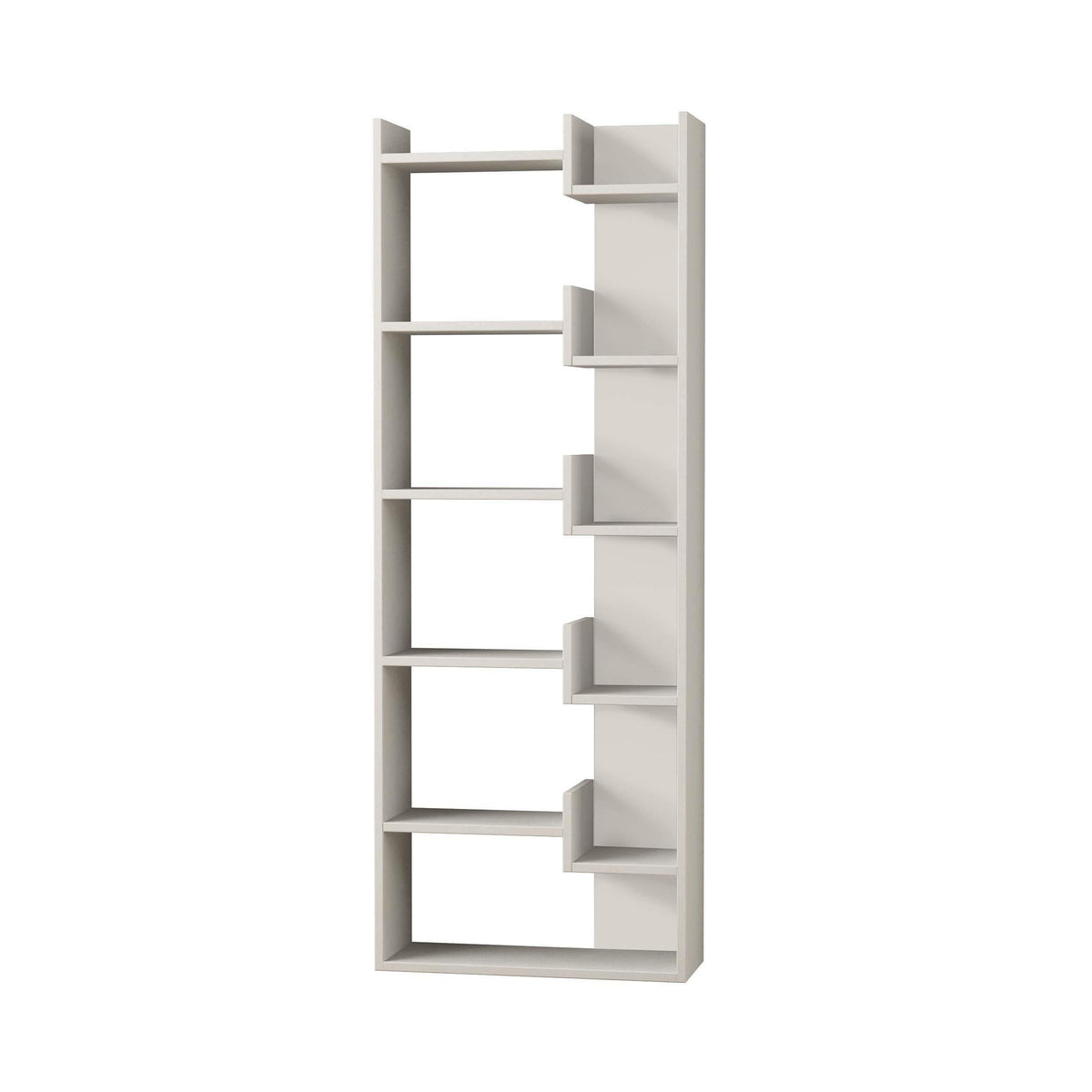 Tall white bookcase display unit with open cubbies and staggered shelf openings