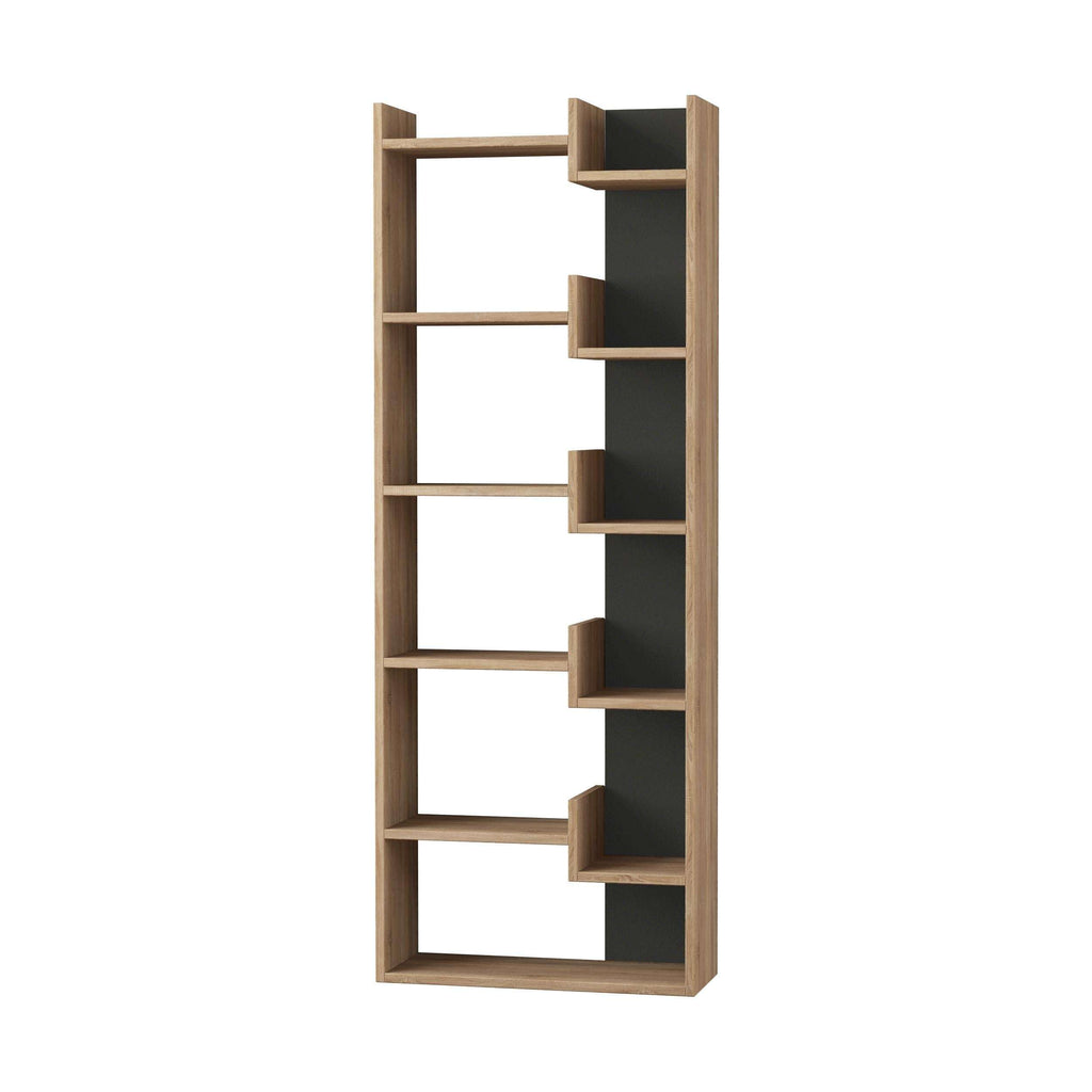 Tall bookcase display unit with open shelves and dark side panels, oak frame