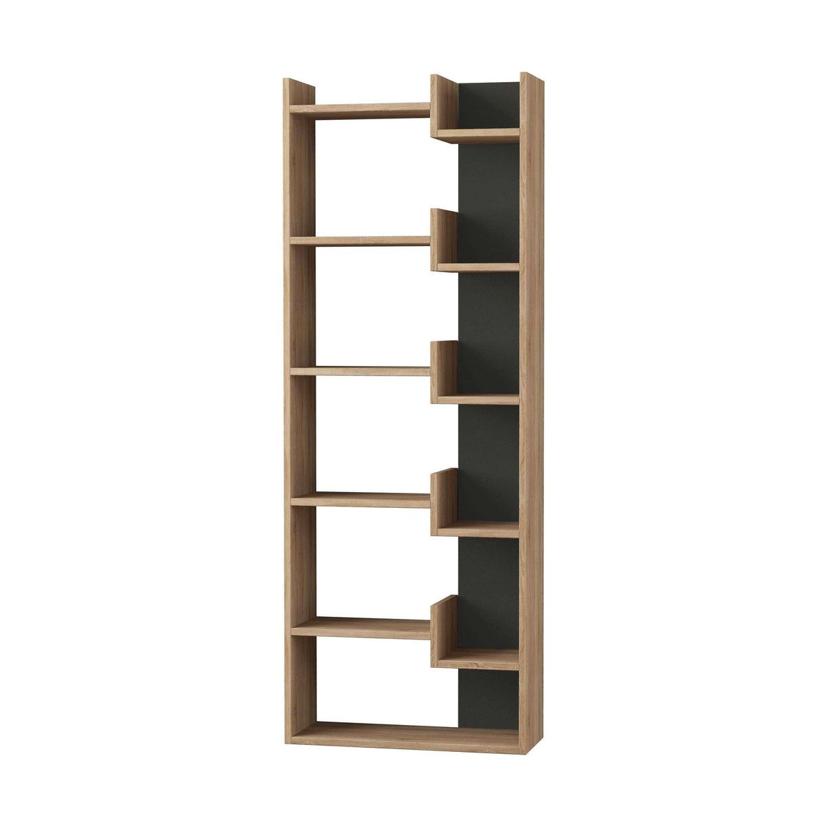 Tall bookcase display unit with open shelves and dark side panels, oak frame