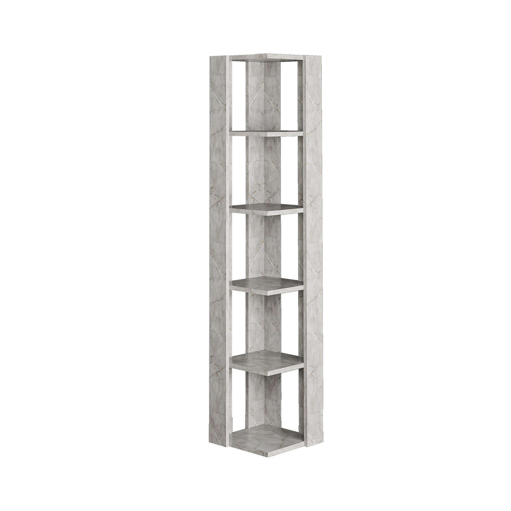 Tall corner bookcase display unit with five open shelves, light marble-style finish
