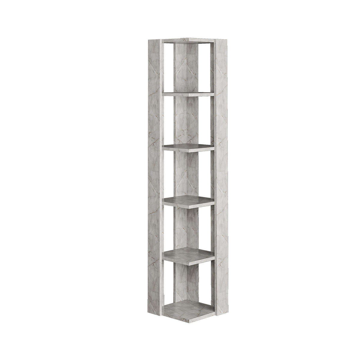 Tall corner bookcase display unit with five open shelves, light marble-style finish
