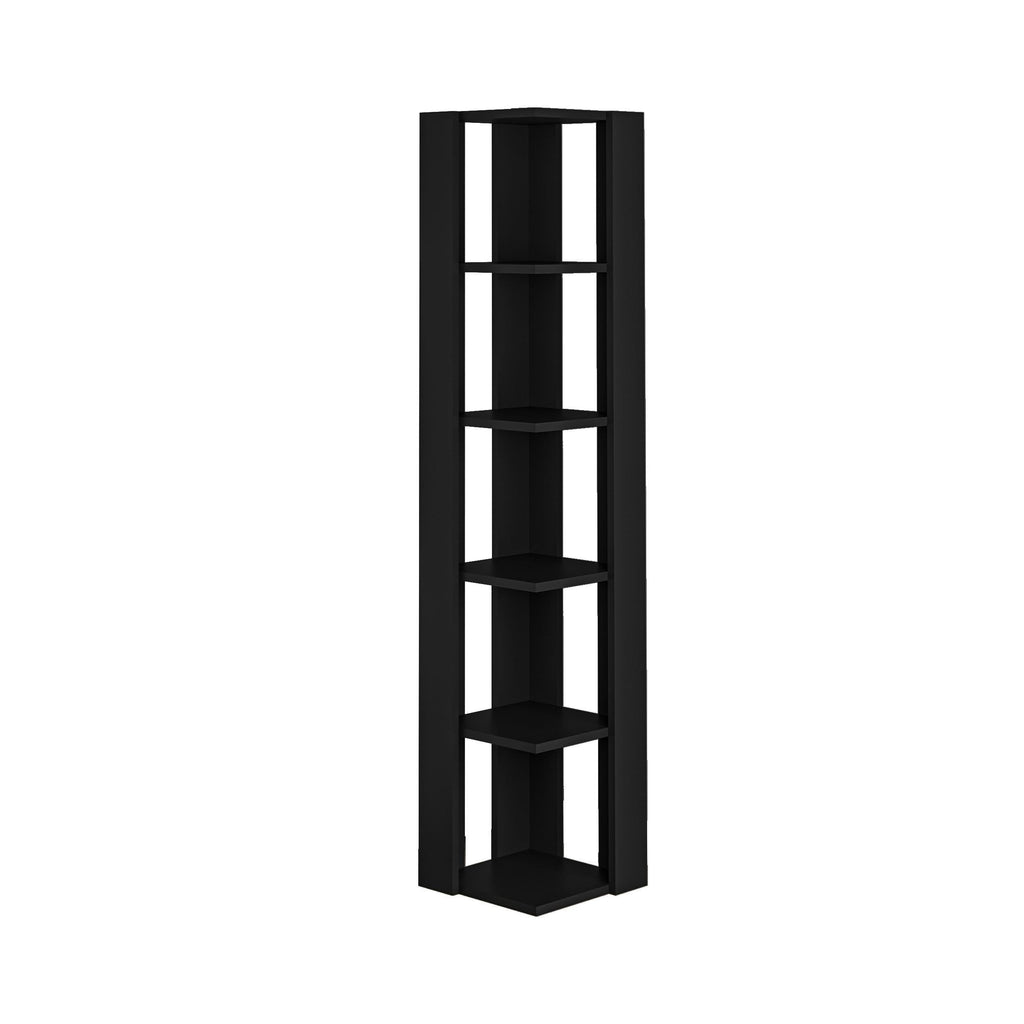 Tall corner bookcase display unit with five open shelves, Bute Black finish