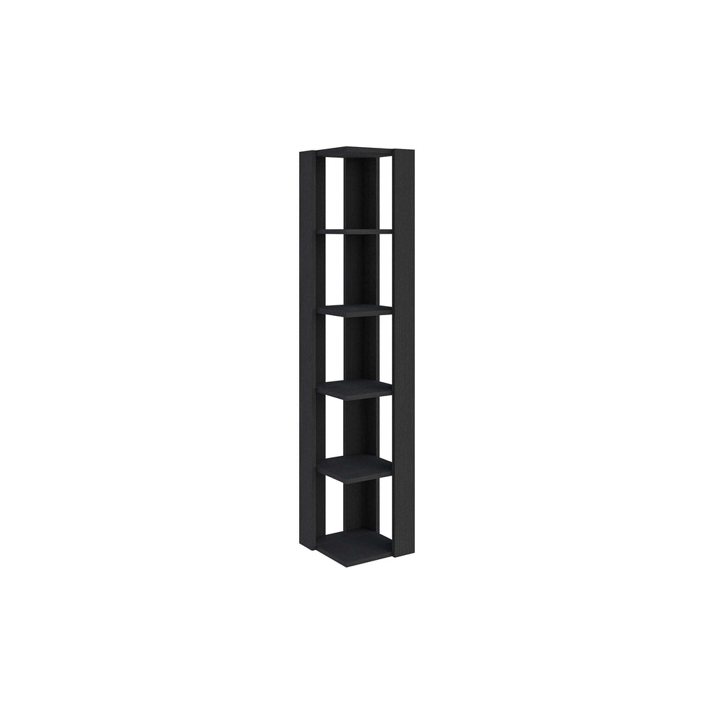 Tall corner bookcase display unit with five open shelves, black finish