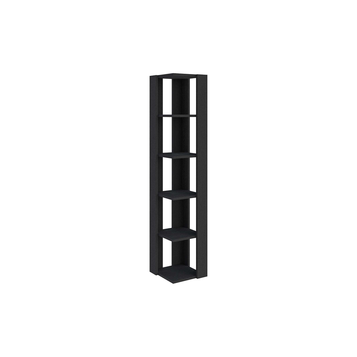 Tall corner bookcase display unit with five open shelves, black finish
