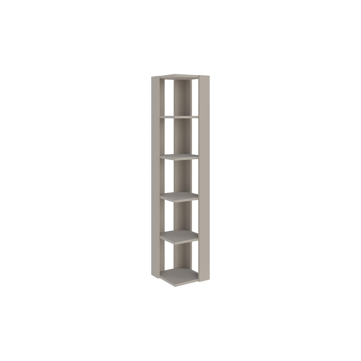 Tall light gray display bookcase with 5 open shelves