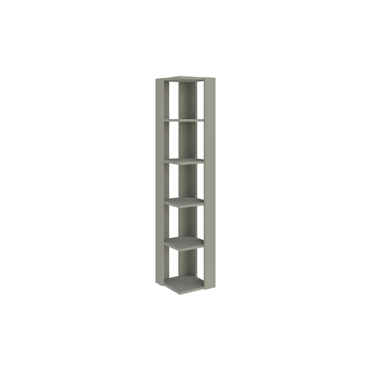 Tall light gray-white display bookcase with 5 open shelves