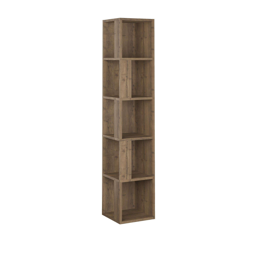 Tall shelving unit with open compartments, rustic brown wood-look finish