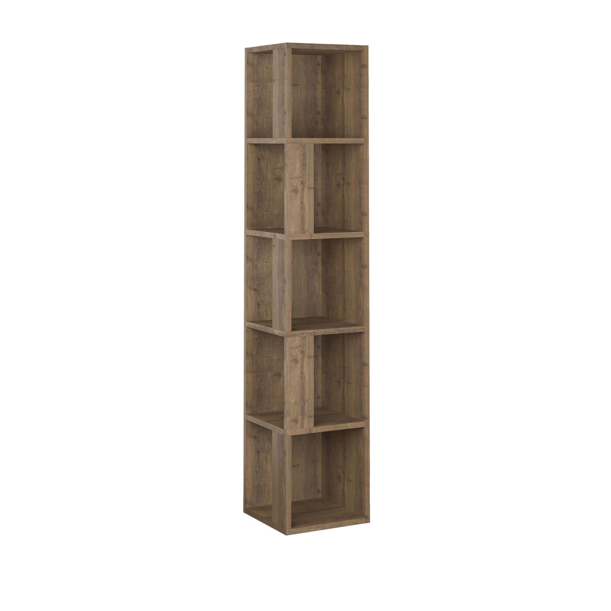 Tall shelving unit with open compartments, rustic brown wood-look finish