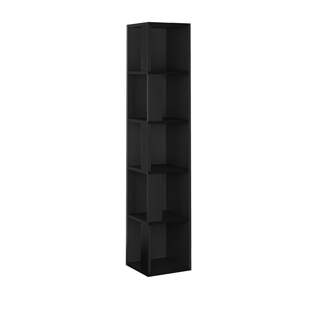 Tall black display bookcase with open shelves and box-style compartments