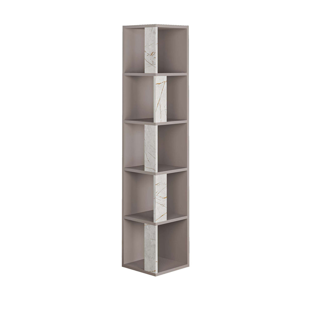 Tall bookcase with open cubby shelves, light grey-beige marble-look panels