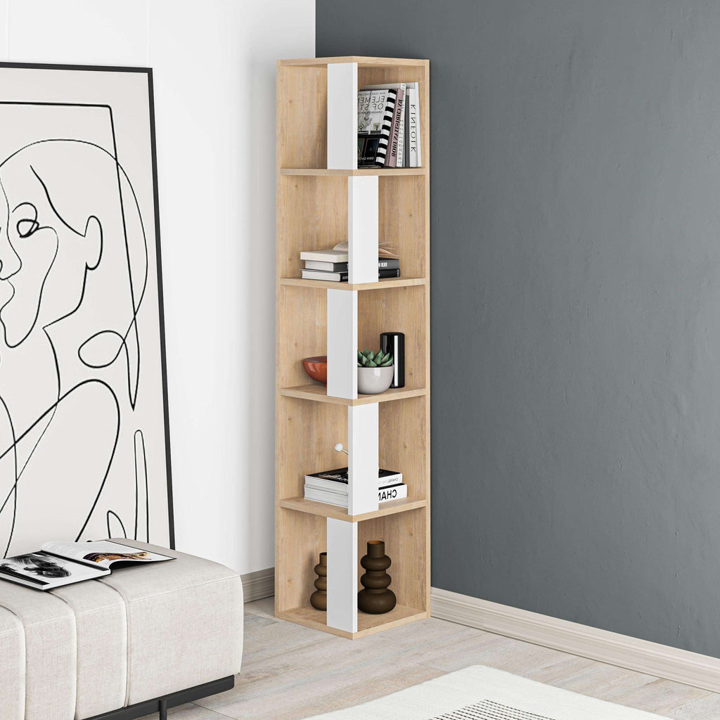 Tall corner bookcase display unit, light oak with white open shelves