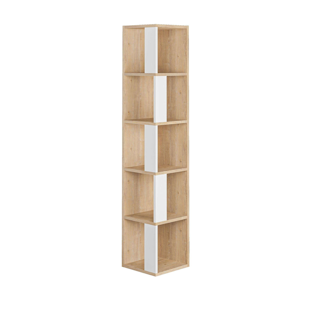 Tall corner bookcase display unit, light oak frame with white divider shelves