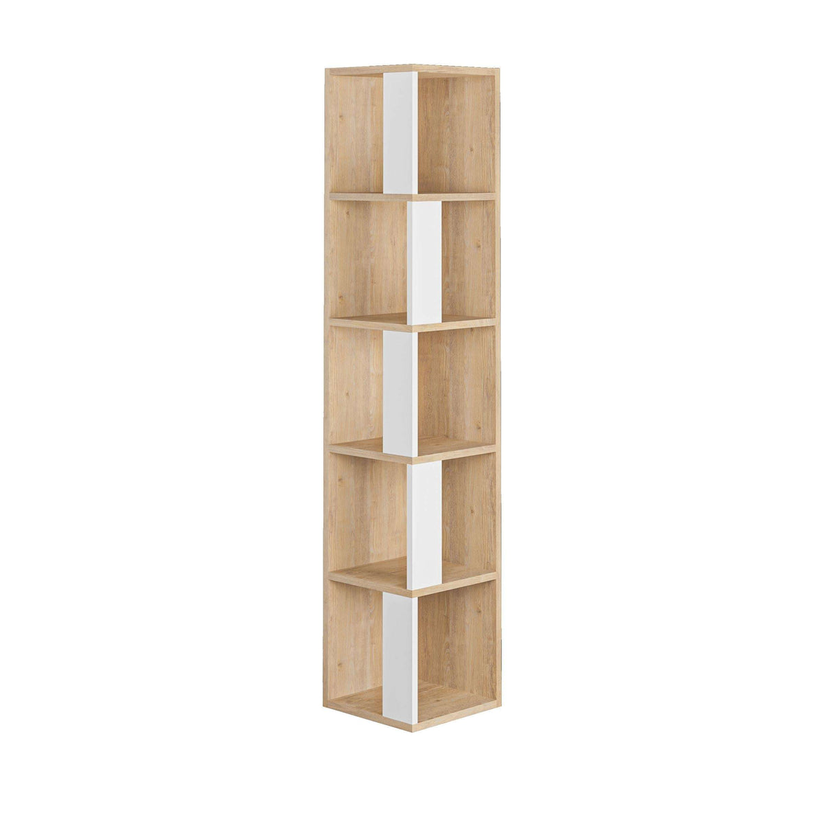Tall corner bookcase display unit, light oak frame with white divider shelves