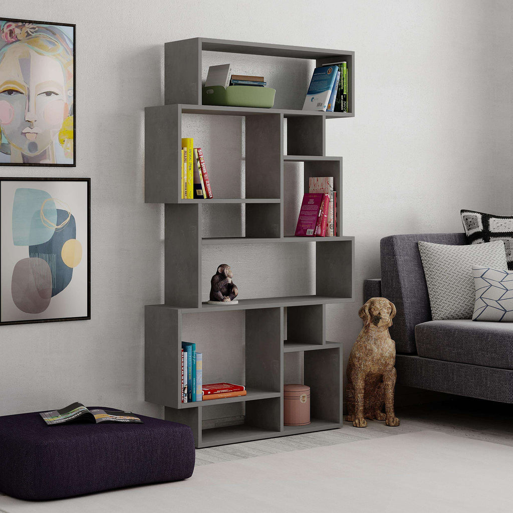 Tall modern display bookcase with open shelves in Retro Grey