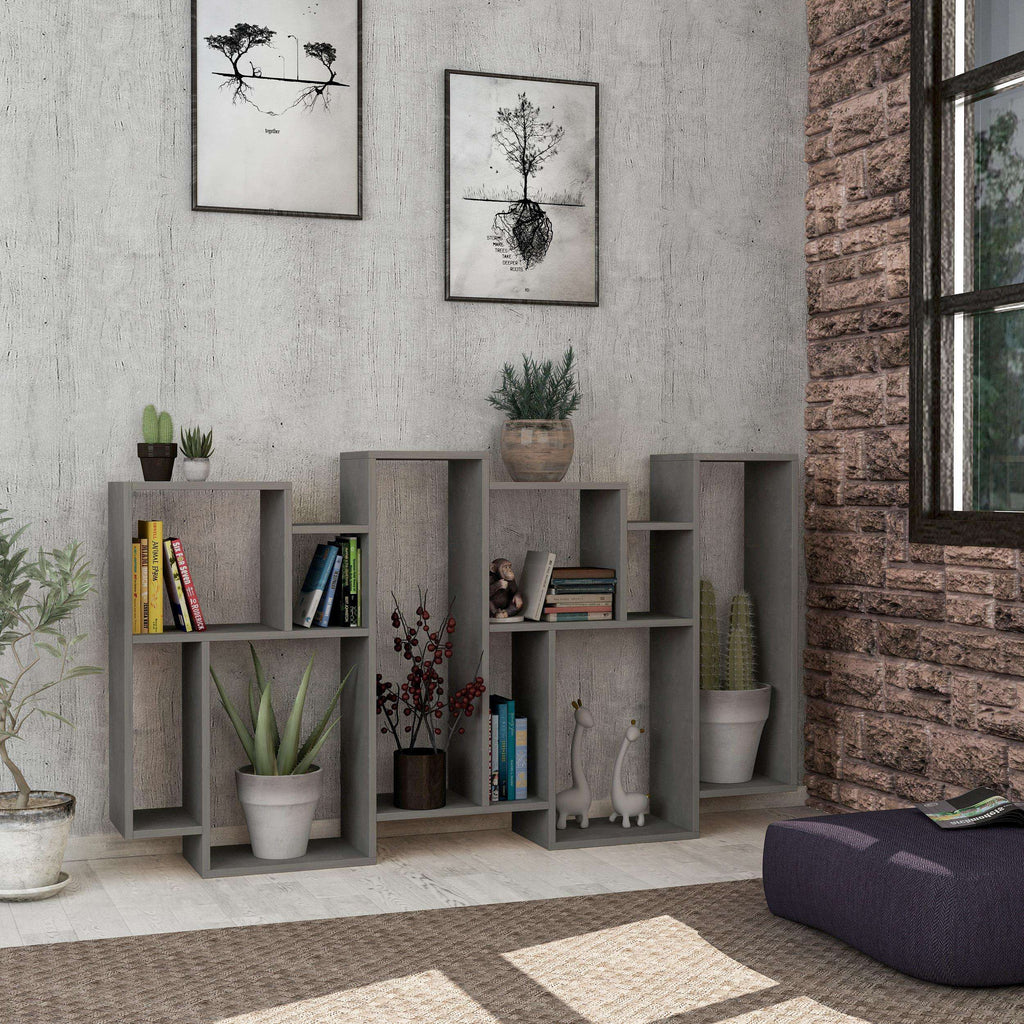 Tall modern bookcase with open cubbies in light grey