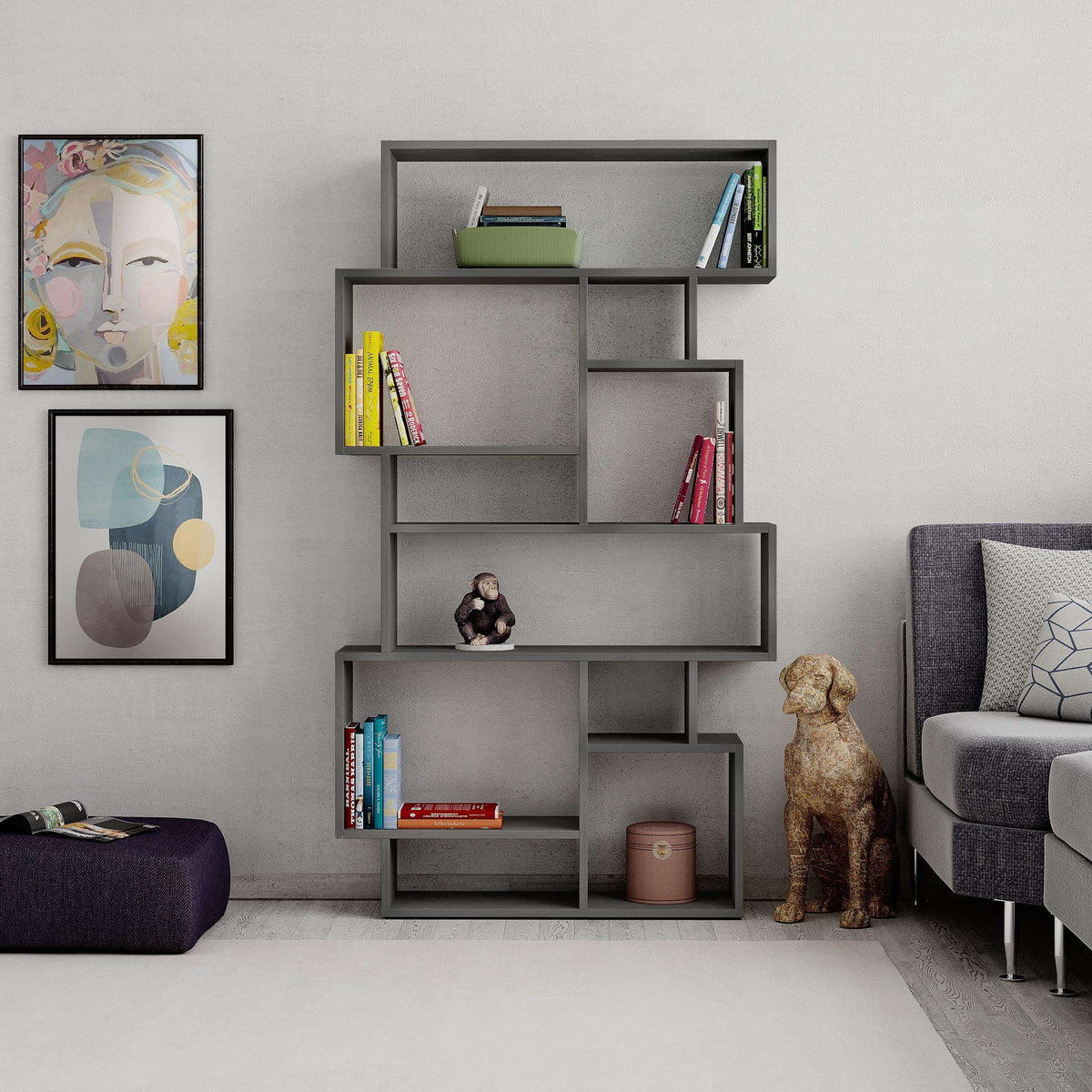 Tall modern bookcase display unit with open cubbies, medium gray