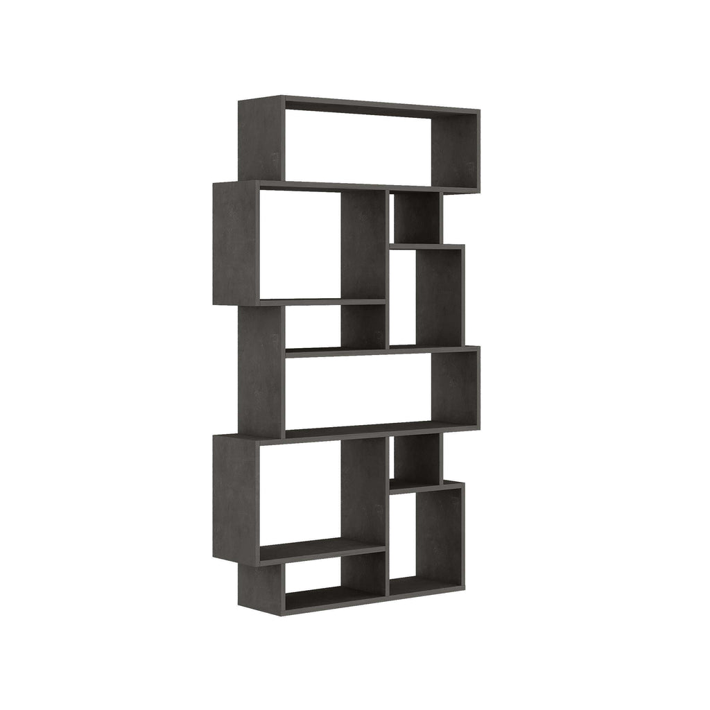 Tall modern bookcase display unit with open cubbies, dark gray finish