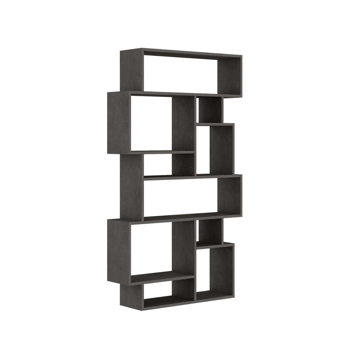 Tall modern bookcase display unit with open cubbies, dark gray finish