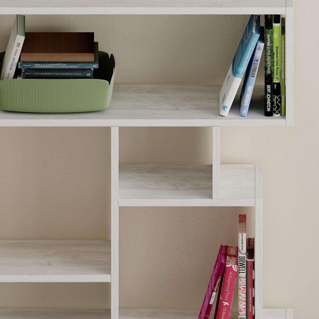 Tall open cubby bookcase display unit in Ancient White, with side compartments