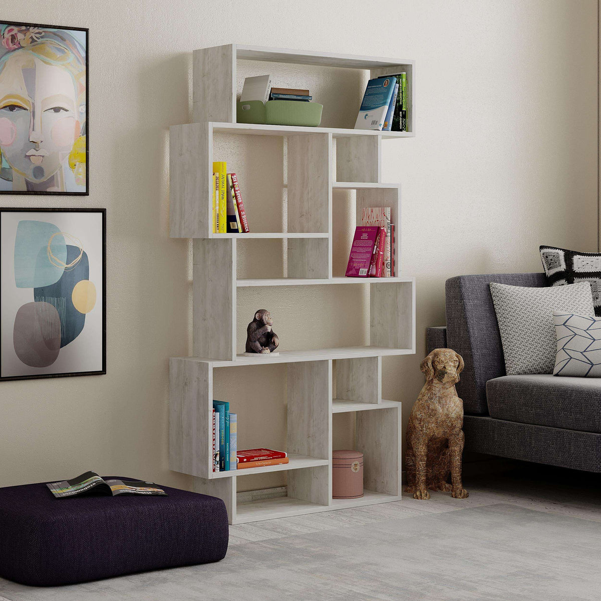 Ancient White tall open bookcase unit with staggered shelves and cubbies