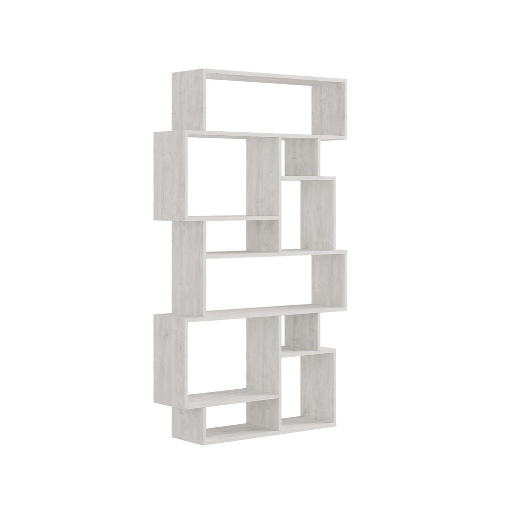 Light concrete-look modern bookcase display unit with open square cubbies.