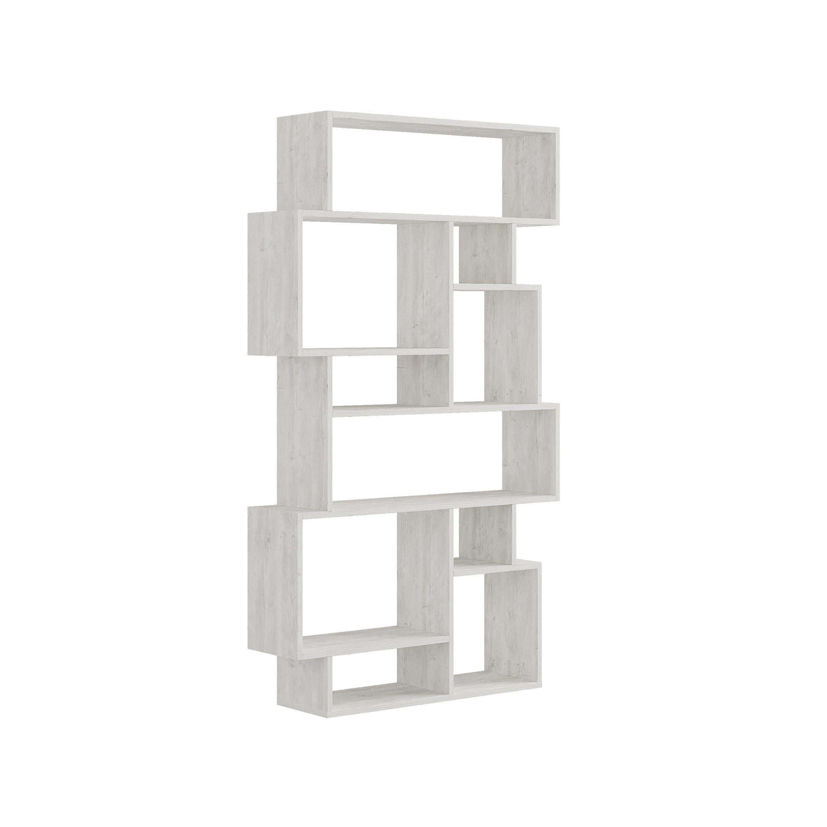 Light concrete-look modern bookcase display unit with open square cubbies.