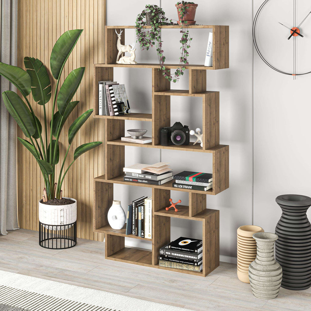 Oak tall bookcase display unit with open cubby compartments for books and decor.