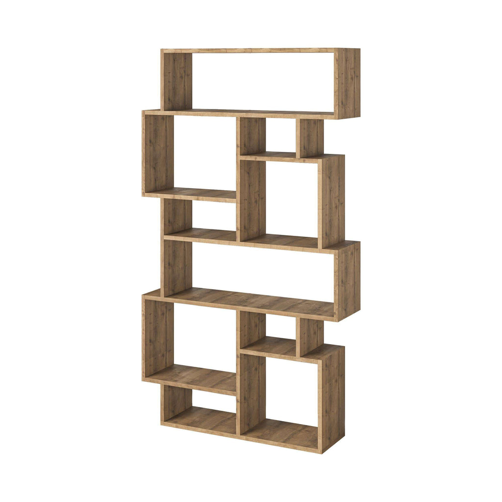 Tall modern bookcase display unit with open square cubbies, wood-look finish.